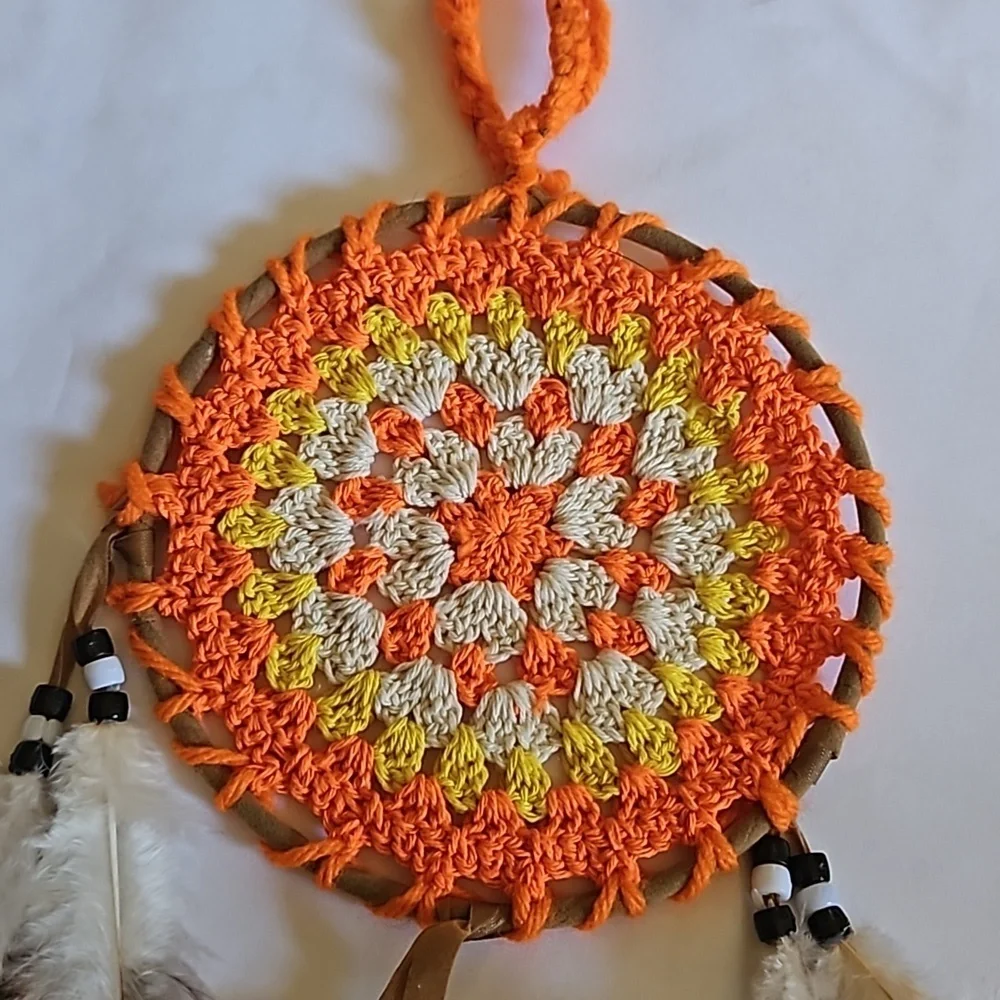 Hand Crafted Dreamcatcher Crochet orange handmade knit floral fall decor